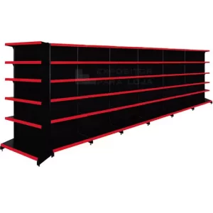Gôndolas de aço 40/30 medindo 1,70cm com 5 bandejas. Suportando 35kg por bandeja distribuídos.